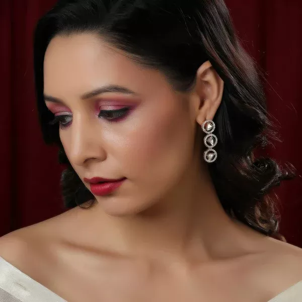 3 Tier Round Diamond and Kundan Earrings (Gold) - Ruby Raang - One Size
