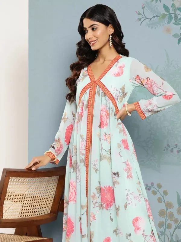 Ahalyaa Floral Printed Empire Kurta With Trousers - S