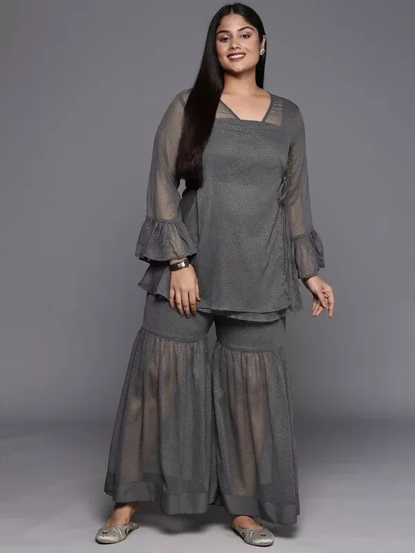 Ahalyaa Plus Size Ethnic Printed Chiffon Wrap Tunic with Sharara - 3XL