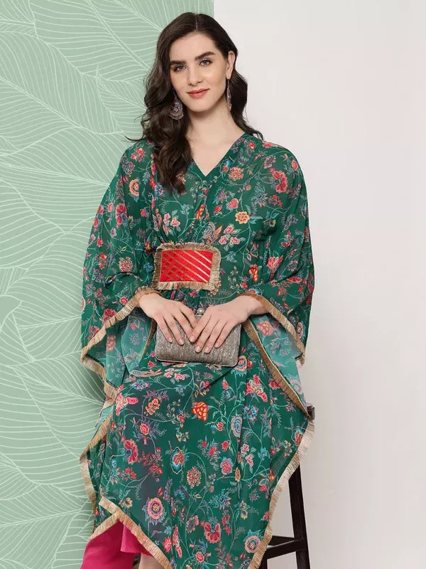 Ahalyaa Women Floral Printed Flared Sleeves Patchwork Georgette Kaftan Kurta - S