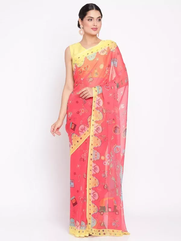 Ahalyaa Women's Red Colour Chiffon Digital Print Saree