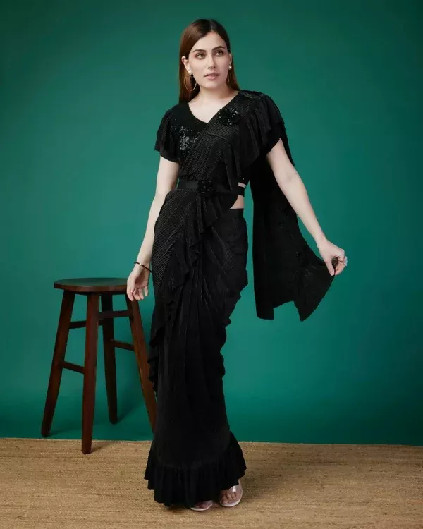 Black Imported Crush Solid Ready to Wear Saree with stitched Blouse - Aayan - Free Size