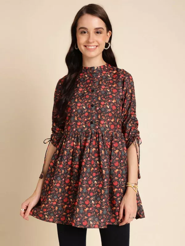 Black Poly Rayon Digital Printed A-line Top - Tarini - S