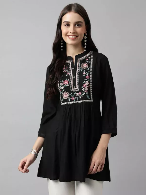 Black Rayon Yoke Embroidered A-line Top - Tarini - S