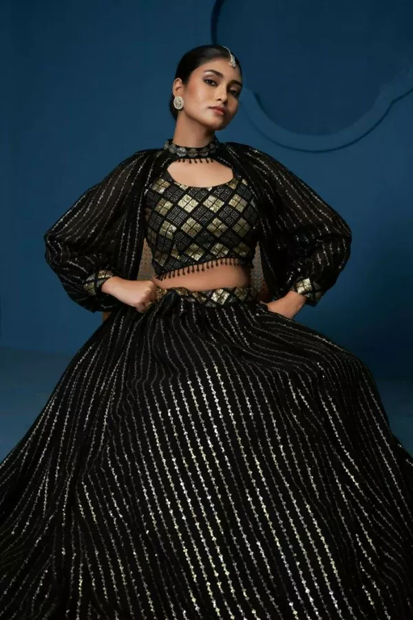 Black Sequence Work Georgette Crop Top Type Full Sleeve Lehenga Choli - Jihu Culture - XXS