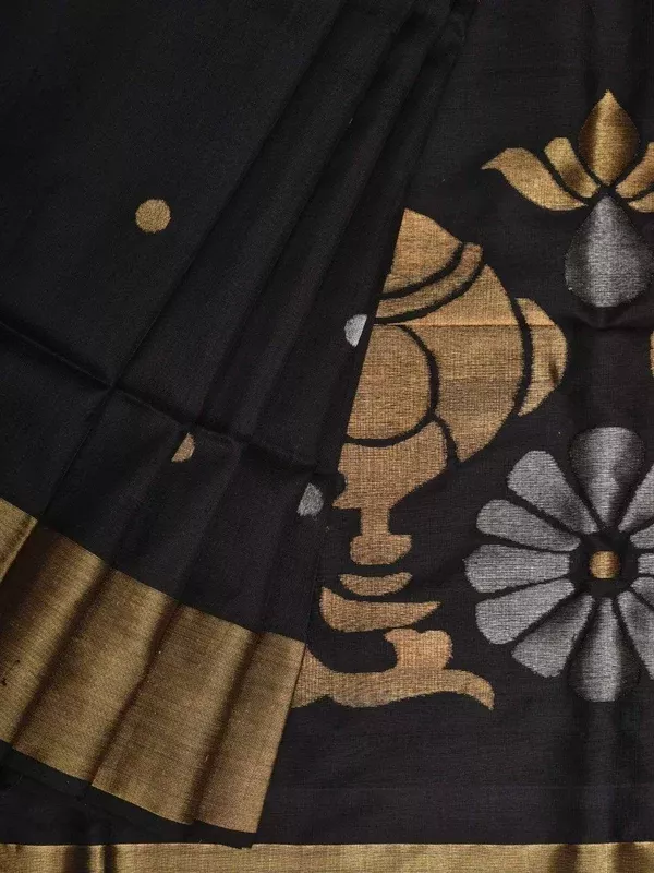 Black Uppada Silk Handloom Saree with Birds Pallu Design - Global Threads