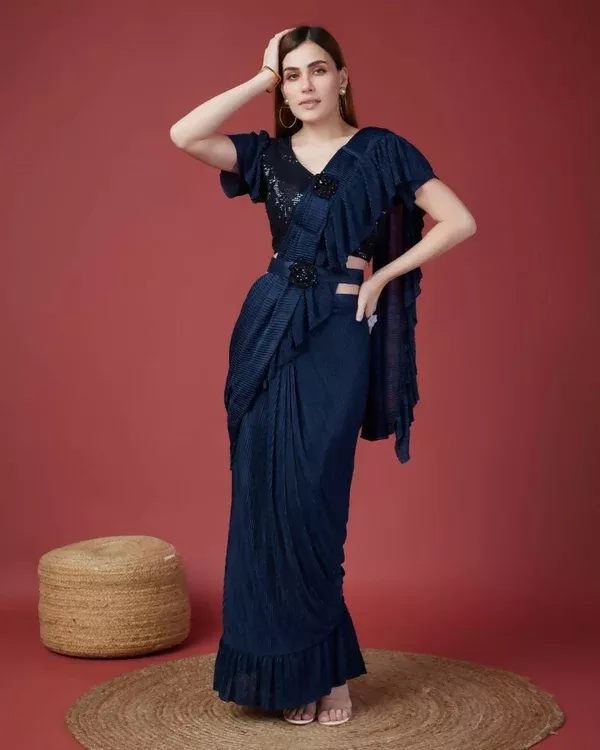 Blue Imported Crush Solid Ready to Wear Saree with stitched Blouse - Aayan - Free Size