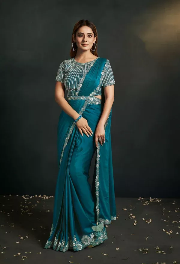 Blue Satin Silk Crepe Cord Sequence & Thread Embroidered & Stone Work Saree - Moh-Manthan Royal Enigma