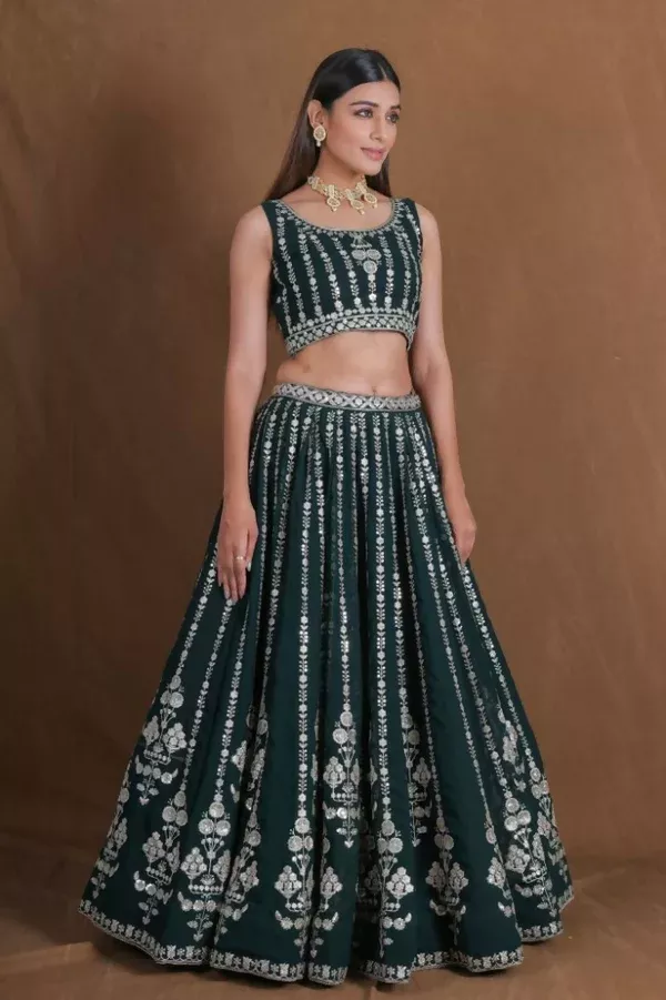 Bottlegreen Georgette Zari,Sequence Thread Embroidery Work Lehenga Choli - Jihu Culture - XXS