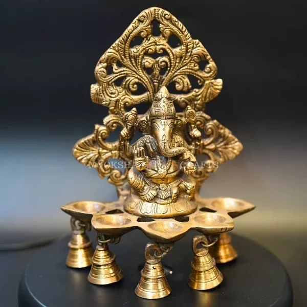 Brass Ganesha Wall Diya: Five Oil Wick