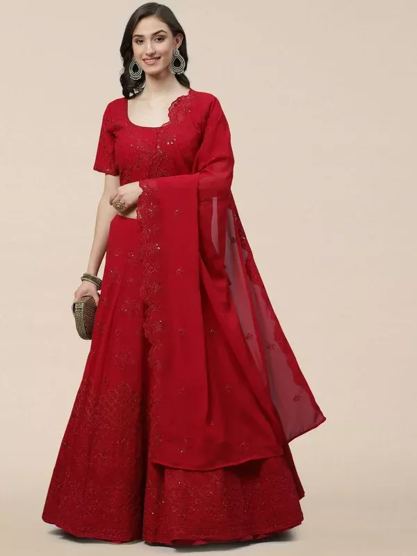 Dark Pink Georgette Thread with Sequins Embroidered work Lehenga Choli with Dupatta - Jivika - Stitched Upto 42