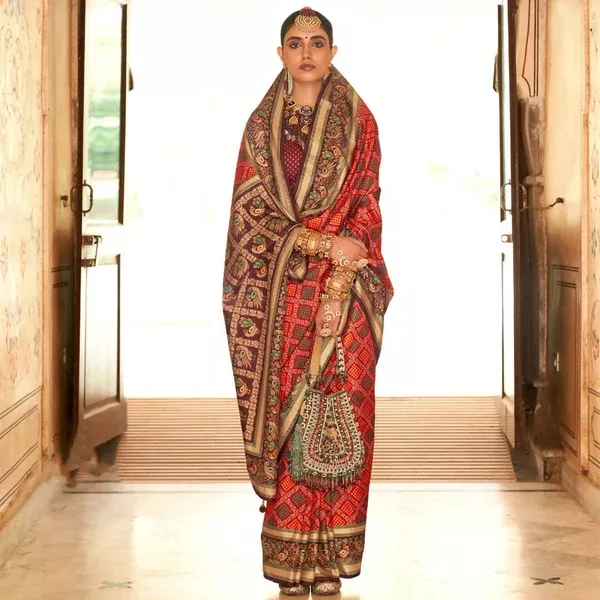 Deep Red Silk With Banarasi Print Work Saree - Trirath Yamuna