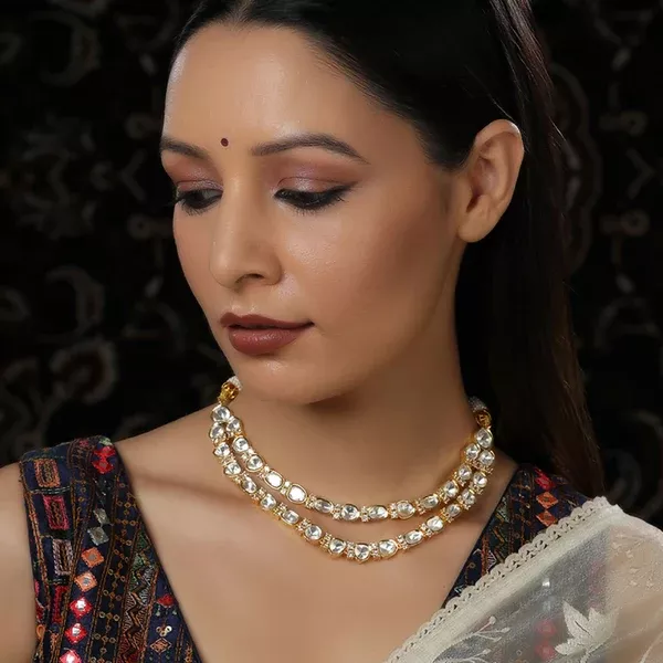 Double Layered Kundan and American Diamond Neckpiece (Gold) - Ruby Raang - One Size