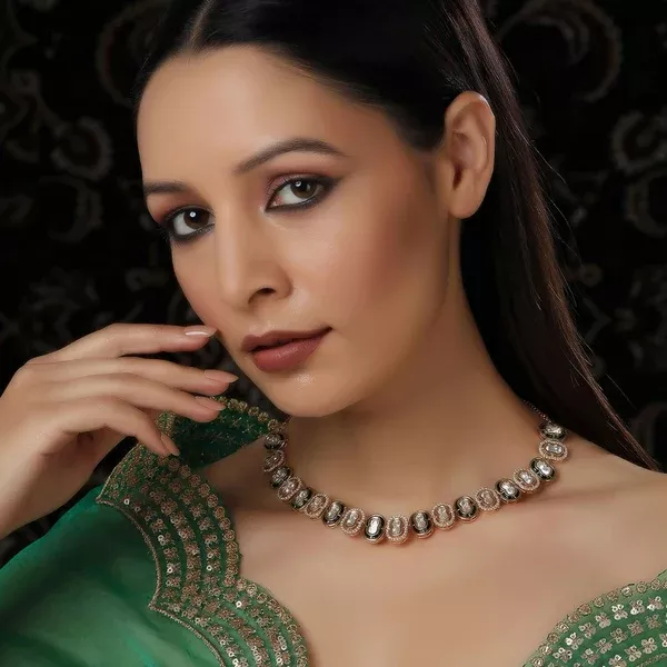 Double Mufli (peanut) Meenakari and Diamond Neckpiece (Gold) - Ruby Raang - One Size