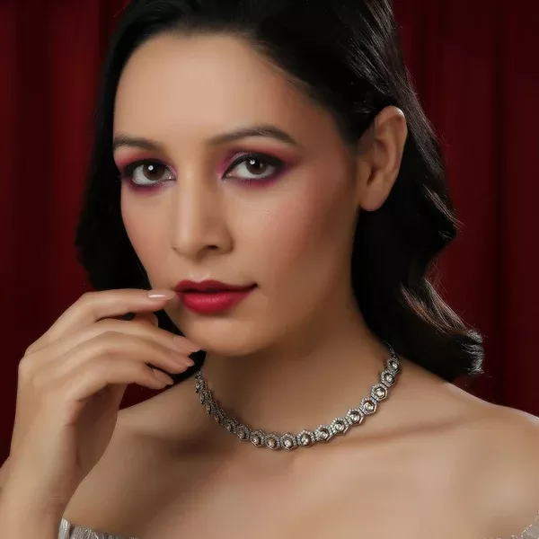 Dual Tone Gold and Silver Choker with American Diamonds and Kundan (Silver) - Ruby Raang - One Size