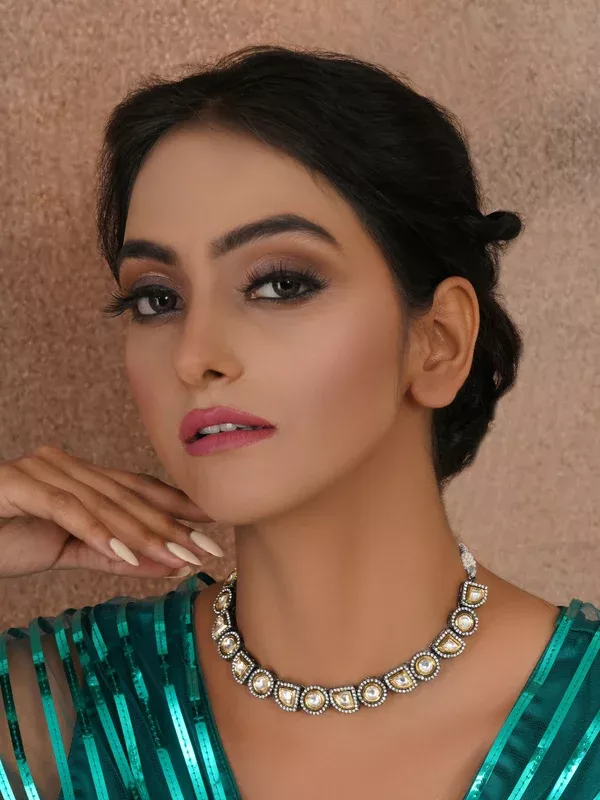 Dual Tone Kundan Neckpiece (silver) - Ruby Raang - One Size