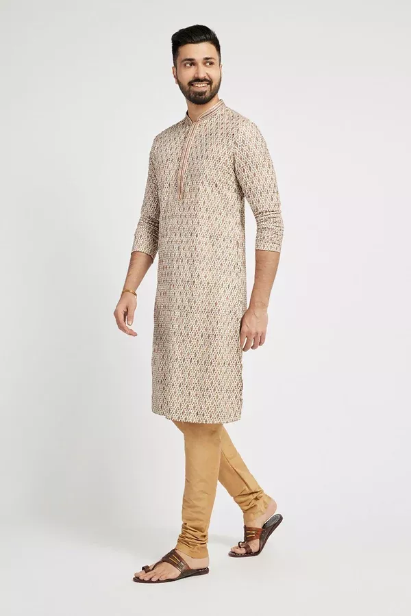 Ethnic India Beige Men's Kurta Embellished Viscose Rayon - M