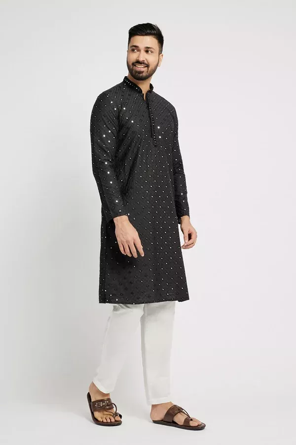 Ethnic India Black Men's Kurta Embellished Cotton - M