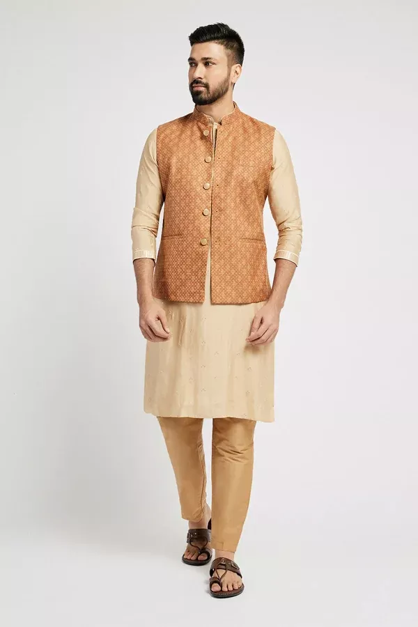 Ethnic India Brown Bundi Men's Jacket Abstract Blended - M