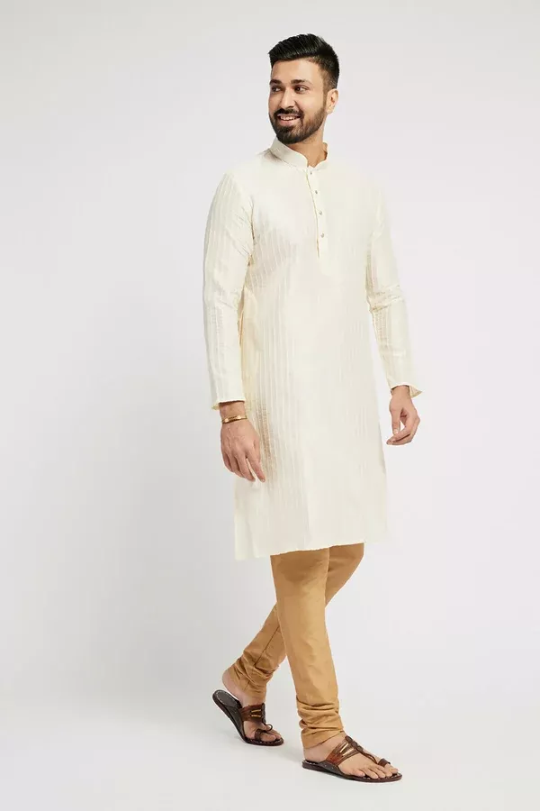 Ethnic India Cream Men's Kurta Striped Polyester - L