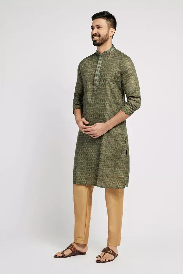 Ethnic India Green Men's Kurta Abstract Polyester - M