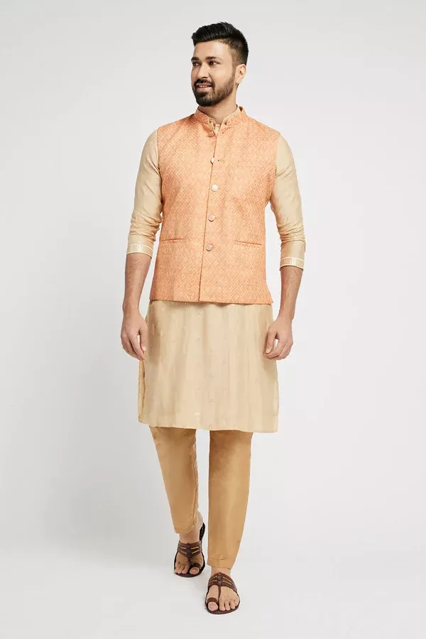 Ethnic India Orange Bundi Men's Jacket Abstract Blended - M
