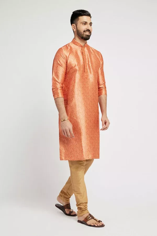 Ethnic India Orange Men's Kurta Bandhani Polyester - M