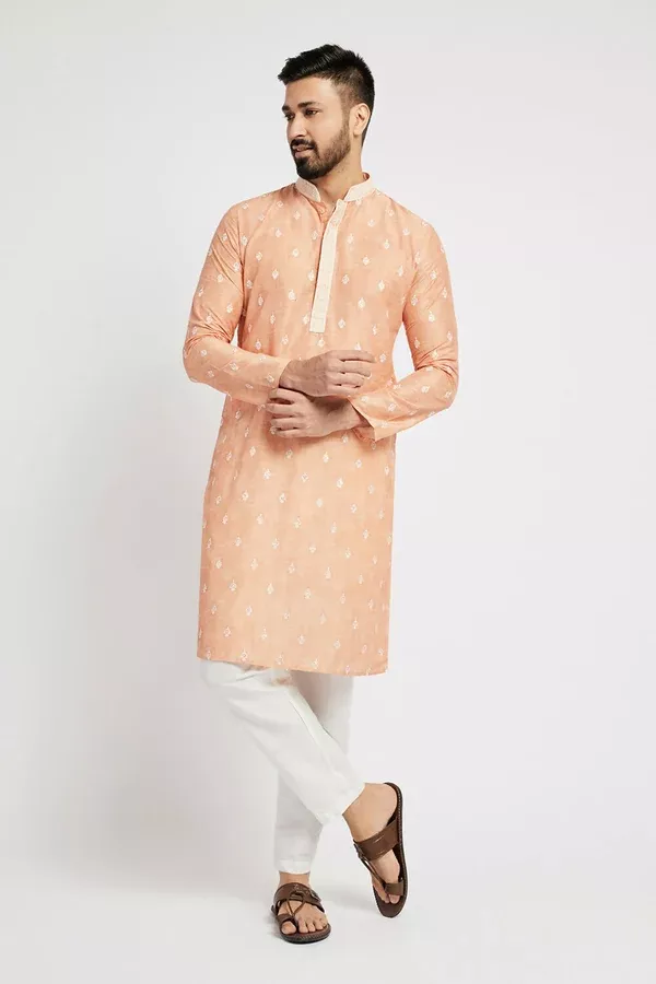 Ethnic India Orange Men's Kurta Ethnic Motifs Polyester - M