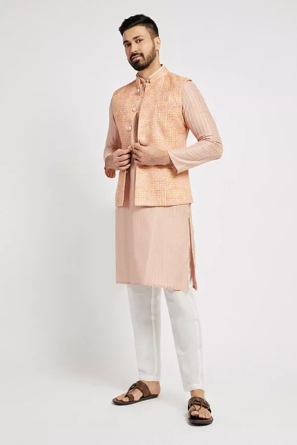 Ethnic India Pink Bundi Men's Jacket Abstract Blended - M