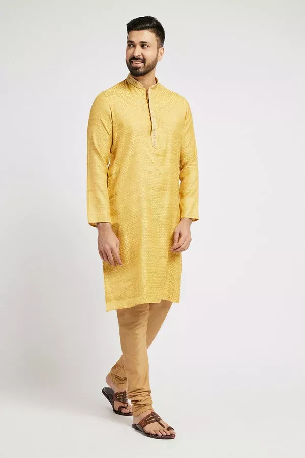 Ethnic India Yellow Men's Kurta Woven Design Polyester - M