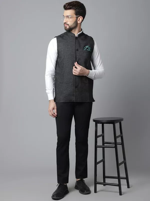 Even Apparels Men's Black Pure Wool Nehru Jacket - XS