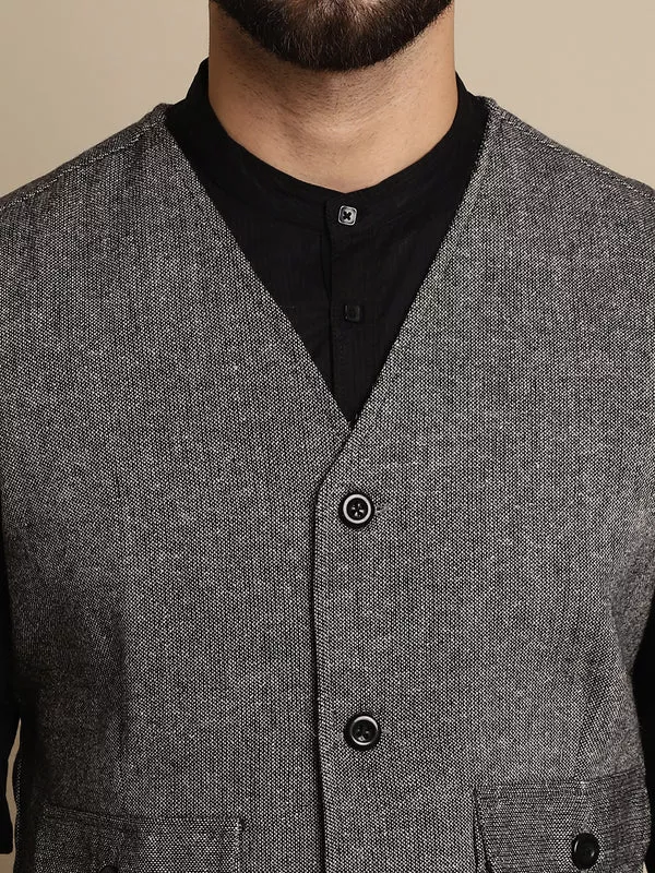 Even Apparels Men's Black Woolen Waistcoat With Patch Pocket - XS