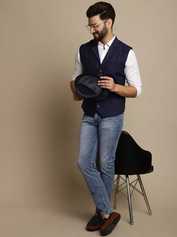 Even Apparels Men's Blue Waistcoat with Notched Lapel - S