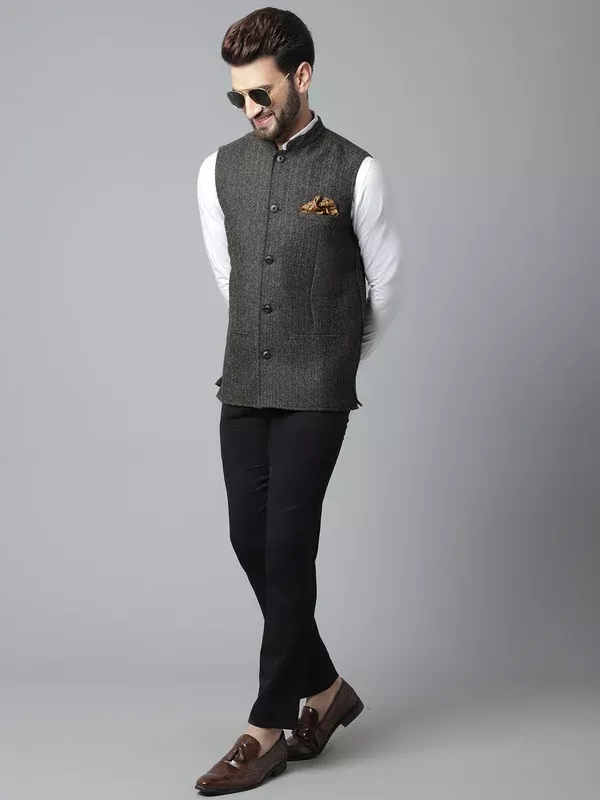 Even Apparels Men's Brown Pure Wool Nehru Jacket - XS