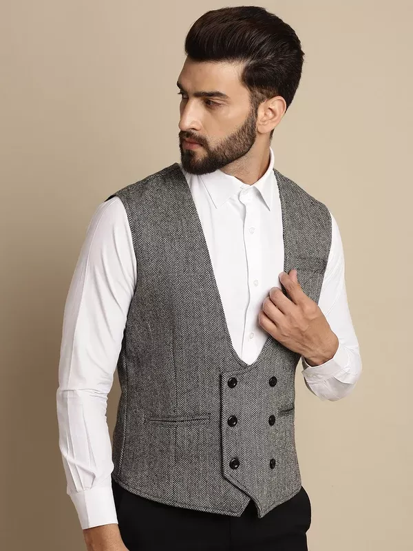 Even Apparels Men's Grey Woolen Double Breast Waistcoat - XS