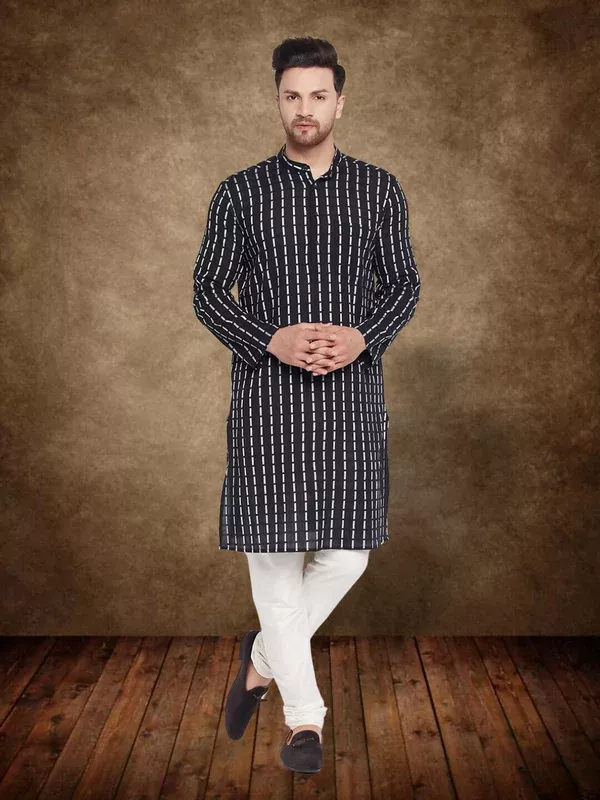 Even Apparels Men's Pure Cotton Black Check Kurta - XS