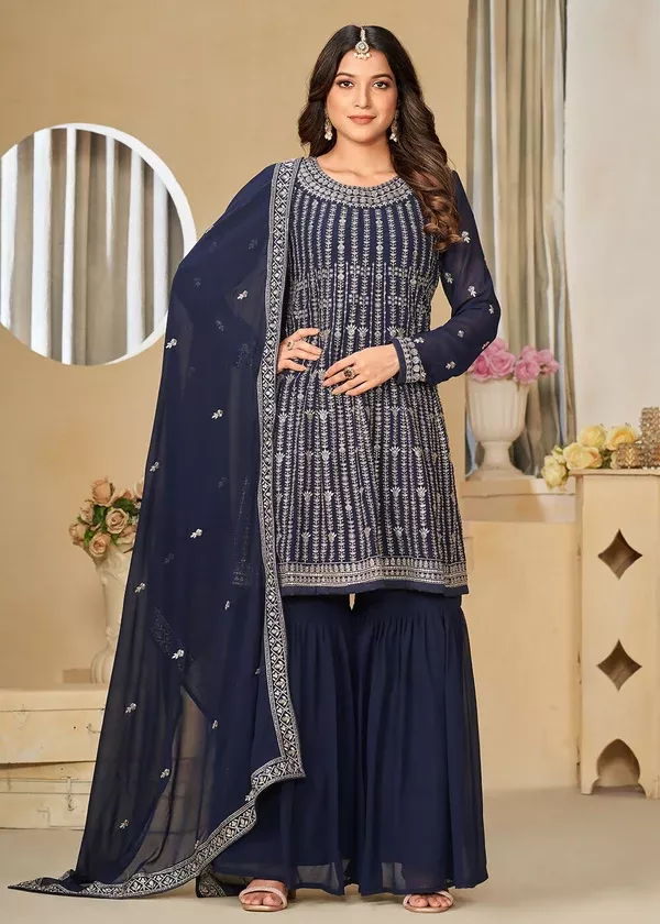 Faux Georgette Blue Embroidered Gharara Style Suit - Emponline - S