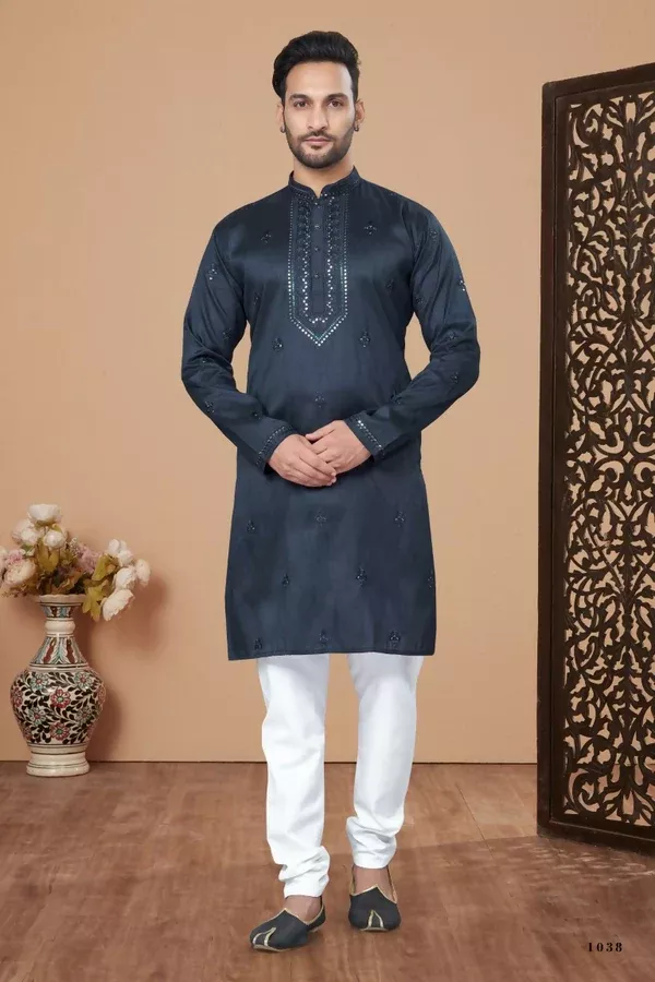 Functional Designer Men's Blue Heavy Super Silk Kurta With Pant - Rudra - S