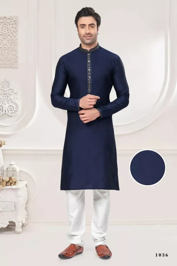 Functional Designer Men's Blue Jacquard Kurta With Pant - Rudra - S
