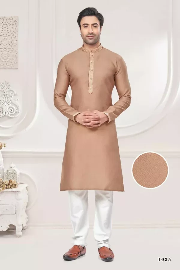 Functional Designer Men's Cream Jacquard Kurta With Pant - Rudra - S