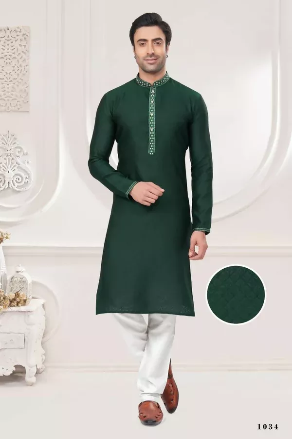 Functional Designer Men's Green Jacquard Kurta With Pant - Rudra - S