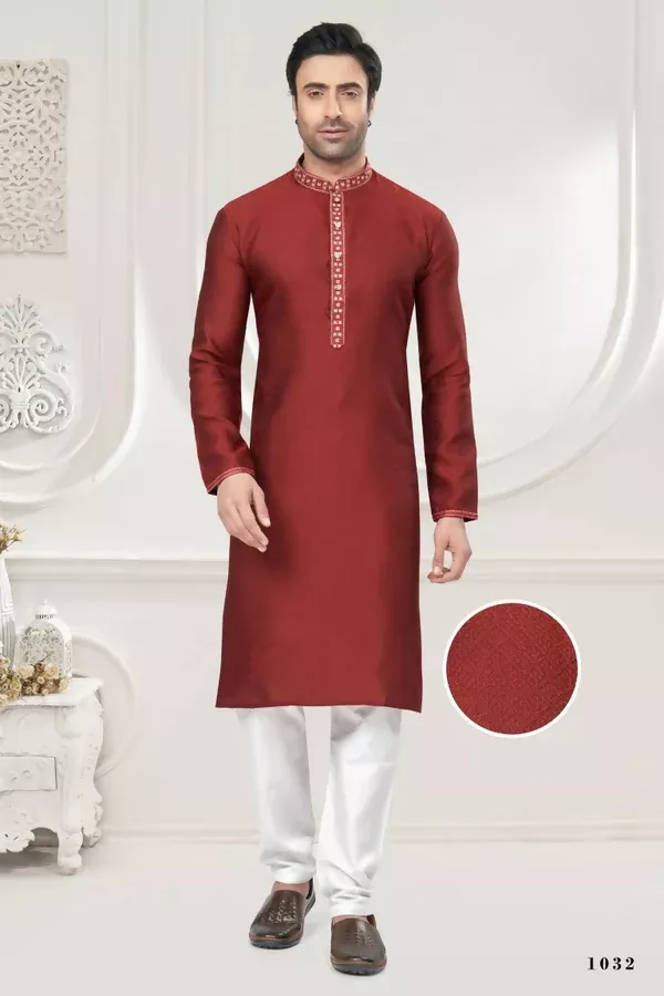 Functional Designer Men's Red Jacquard Kurta With Pant - Rudra - S