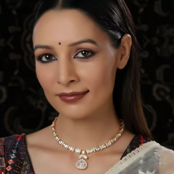 Gold and American Diamond Neckpiece with Pink Stone Center Piece (Gold) - Ruby Raang - One Size