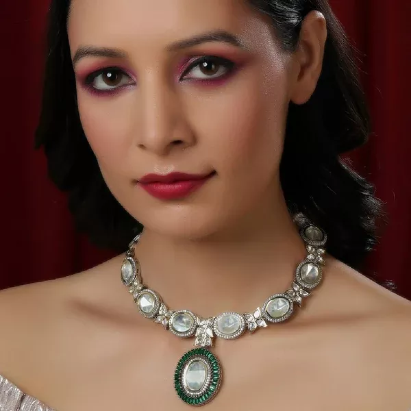 Gold and Silver Tone Neckpiece with Green Center Piece (Silver) - Ruby Raang - One Size