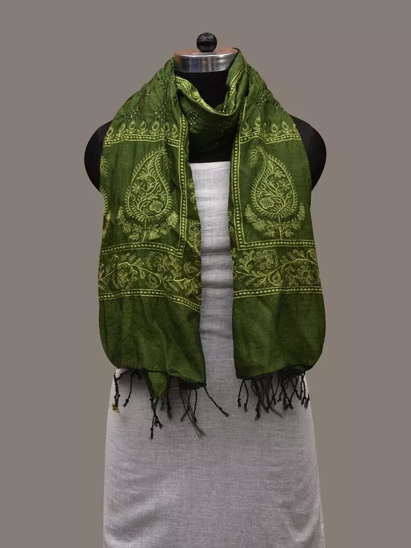 Green Bandhani Silk Handloom Stole with Mango Design - Global Threads