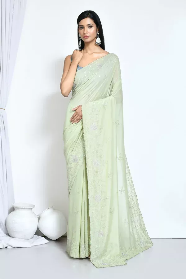 Green Crepe Silk Sequence Embroidered with Stone work Saree - Nimaya Benzy