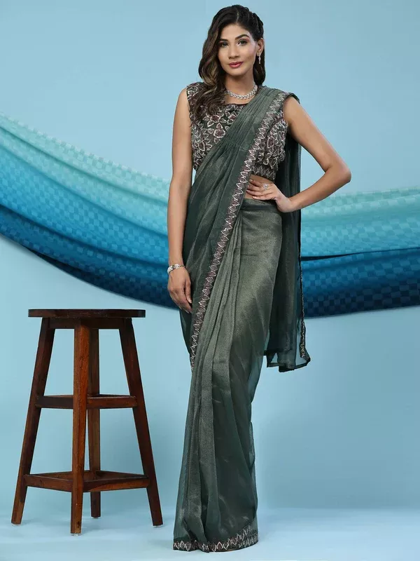 Green Lycra Shimmer Pattern Ready to Wear Saree with stitched Blouse - Nirvana - Free Size