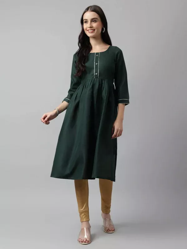 Green Poly Cotton Solid Nayra Cut Kurta - Tirtha - M