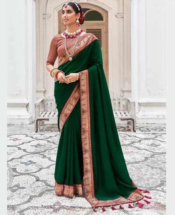 Green Vichitra Solid Saree With Unstitched Blouse Piece - Juhi