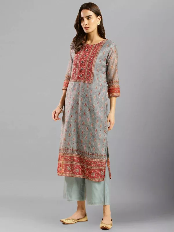 Grey Chinon Digital Printed With Hand Work Kurta - Himanshi - M